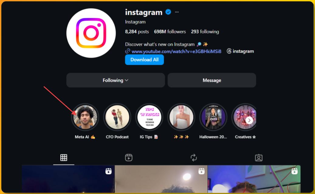 Screenshot showing how to right-click on an Instagram story and select Copy Link from the context menu